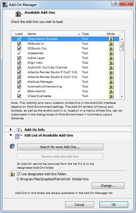 Диалог менеджера расширений ARCHICAD Add-ons manager ARCHICAD